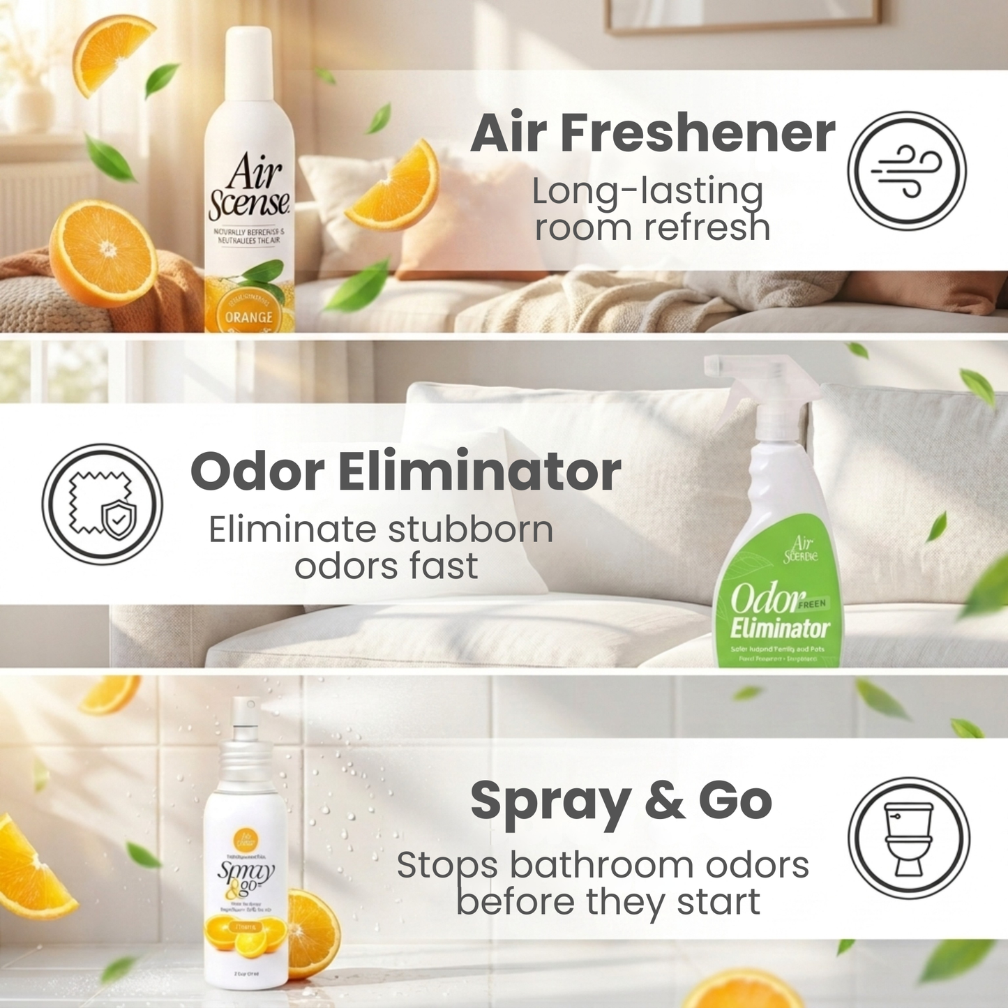 Air Scense Complete Air Care System Orange & Citrus – 2 Air Fresheners, 2 Toilet Pre‑Sprays, 1 Odor Eliminator
