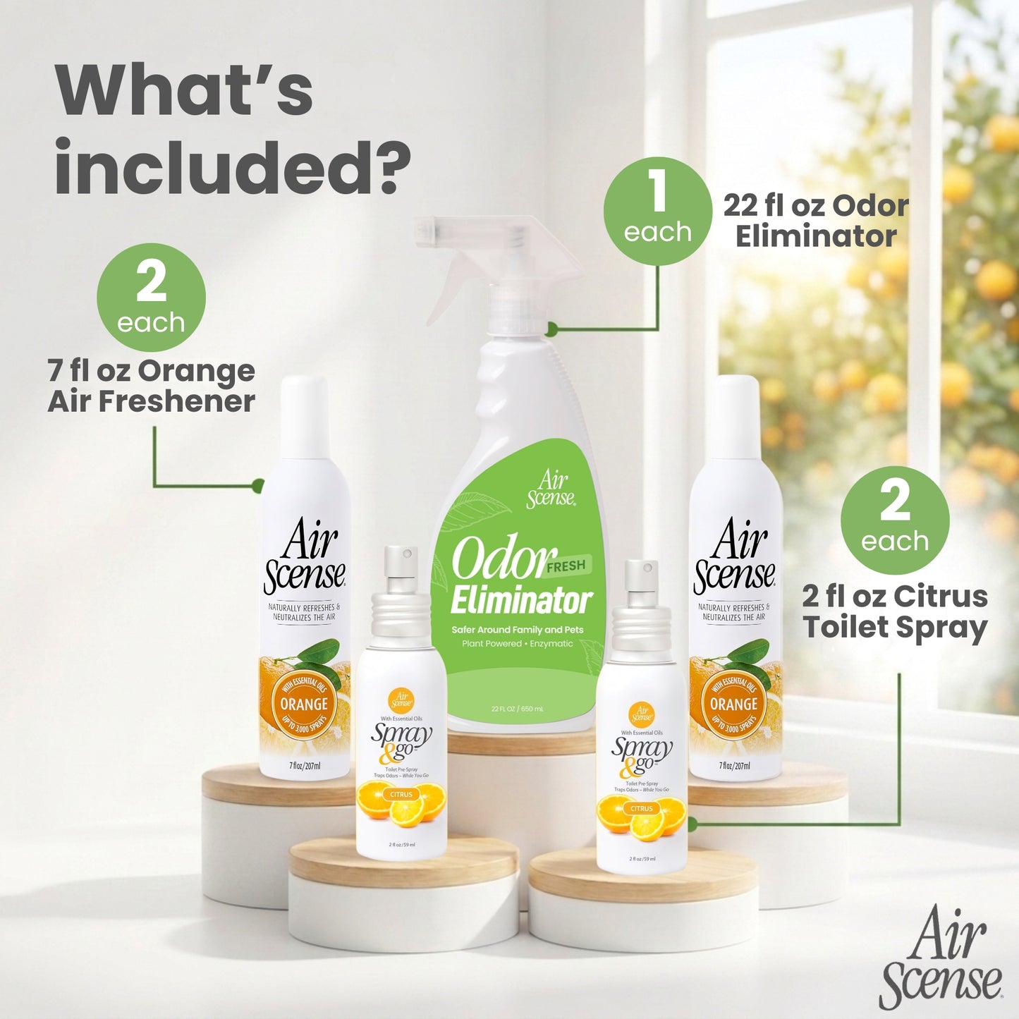 Air Scense Complete Air Care System Orange & Citrus – 2 Air Fresheners, 2 Toilet Pre‑Sprays, 1 Odor Eliminator