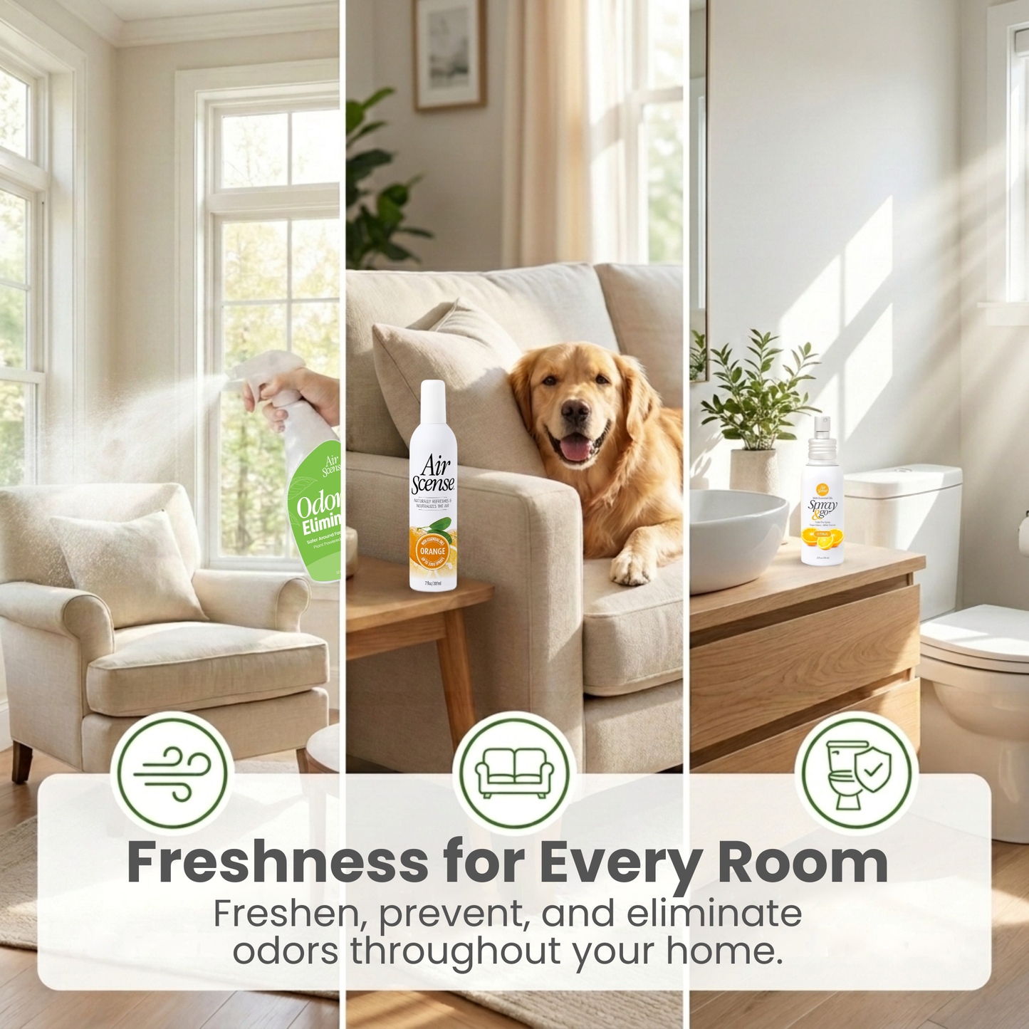 Air Scense Complete Air Care System Orange & Citrus – 2 Air Fresheners, 2 Toilet Pre‑Sprays, 1 Odor Eliminator